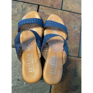 Italian Shoemakers Navy Blue Laser Cut Wedge Sandals Made in Italy Womens 9